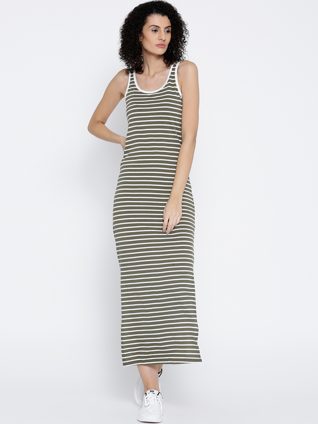 Vero Women Olive Green Striped Maxi Dress - Dresses Women 1750754 | Myntra