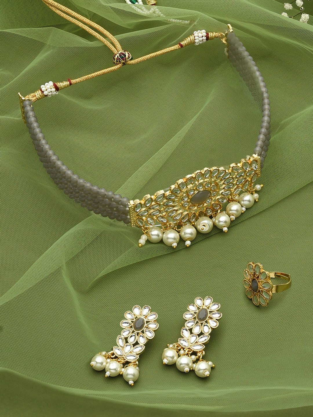 Zaveri Pearls Grey & Gold-Plated Crystals Beaded Multistrand Kundan Choker Jewellery Set