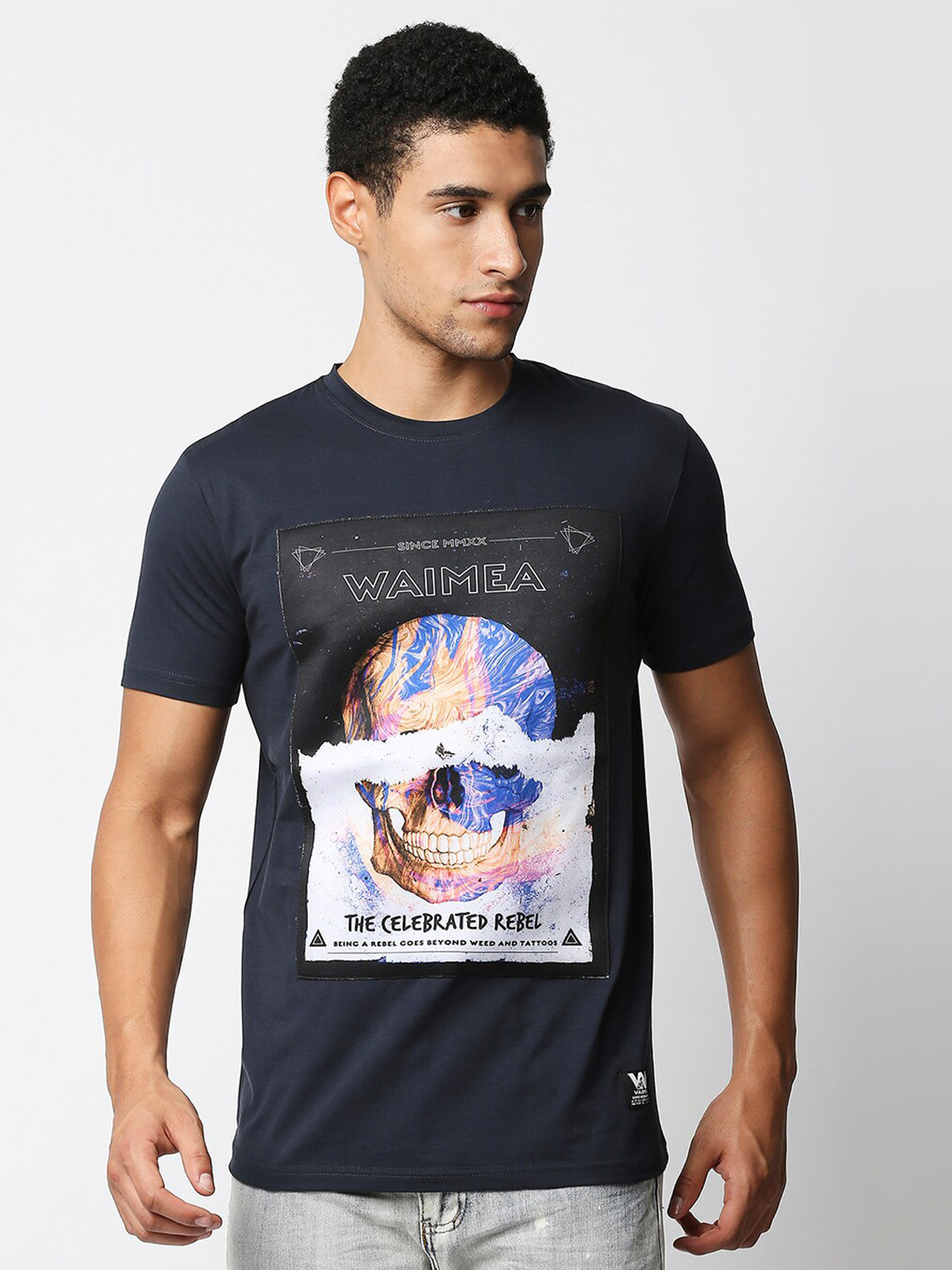 WAIMEA Men Navy Blue Printed Raw Edge Slim Fit T-shirt