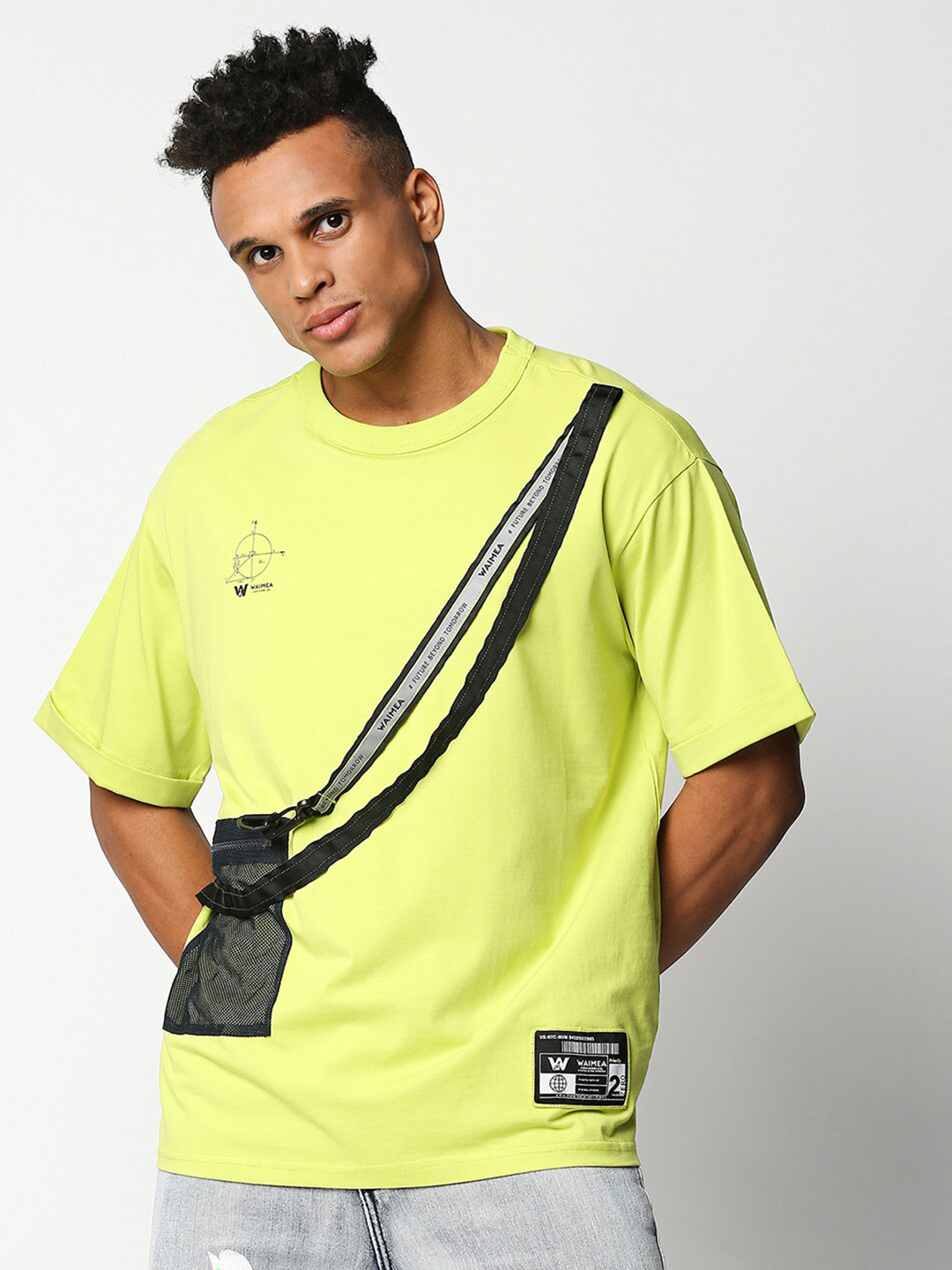 WAIMEA Men Lime Green Drop-Shoulder Sleeves Boxy T-shirt