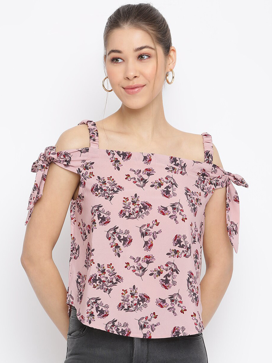 Mayra Pink Floral Print Crepe Bardot Top