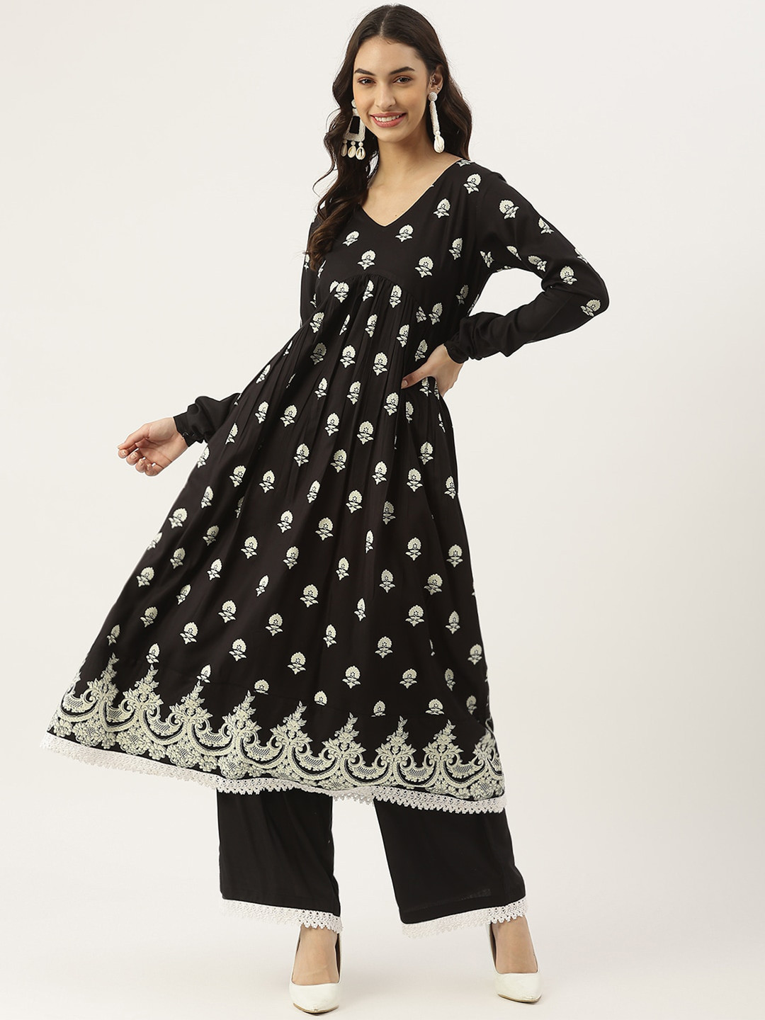 Rustorange Women Black Floral Embroidered Pleated Kurti with Palazzos & With Dupatta