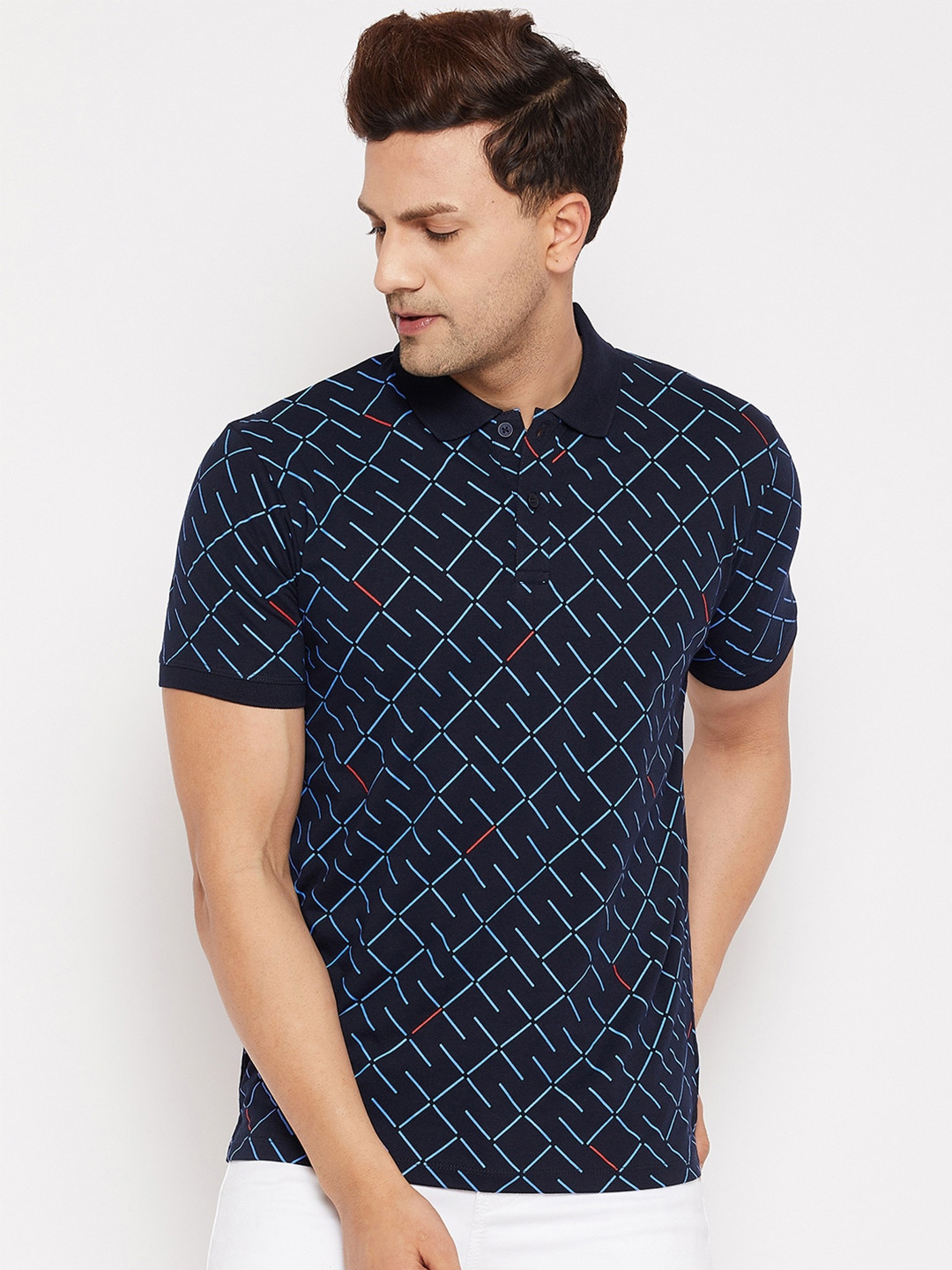 WILD WEST Men Navy Blue Printed Polo Collar T-shirt