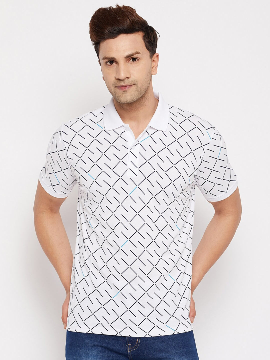 WILD WEST Men White & Black Printed Polo Collar T-shirt