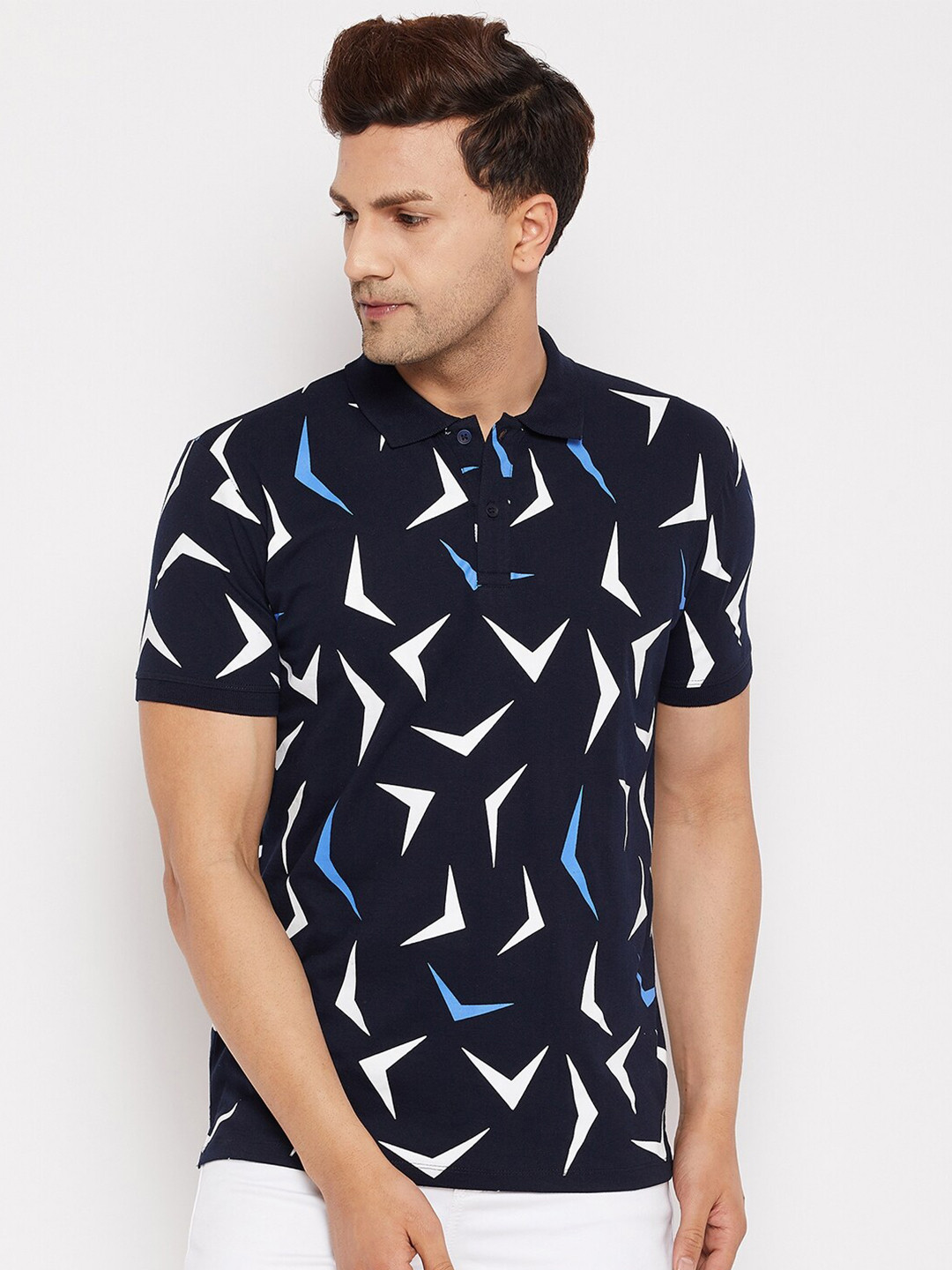 WILD WEST Men Navy Blue & White Printed Polo Collar T-shirt