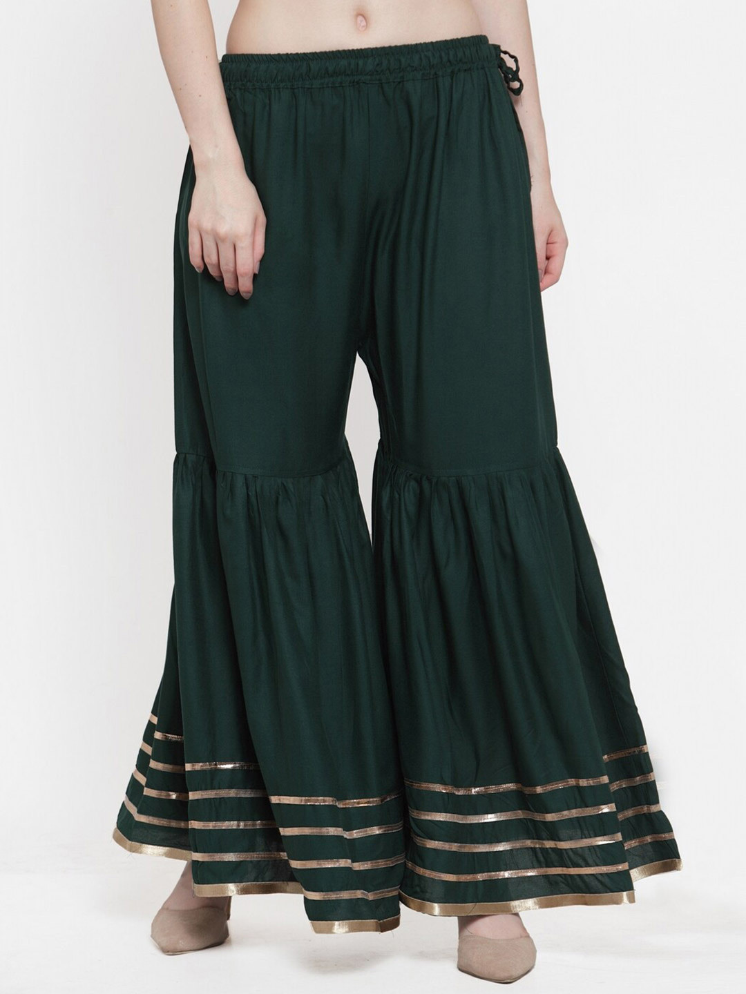 TAG 7 Women Green & Golden Hem Design Flared Ethnic Palazzos