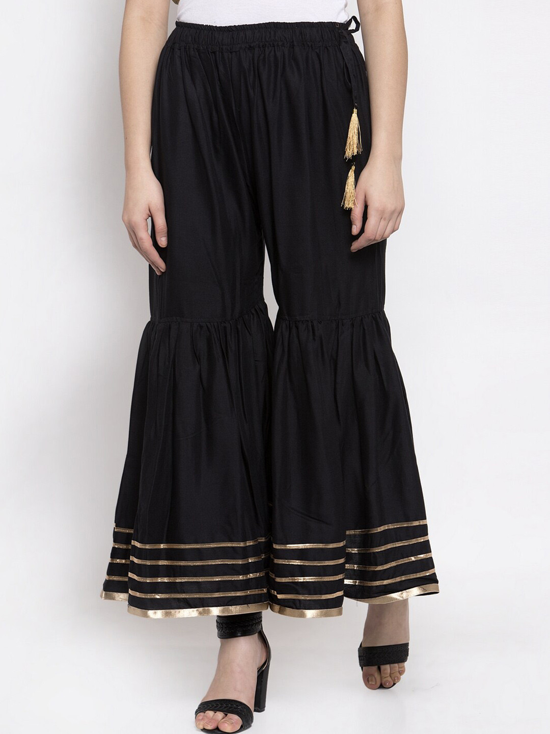 TAG 7 Women Black & Golden Hem Design Flared Ethnic Palazzos