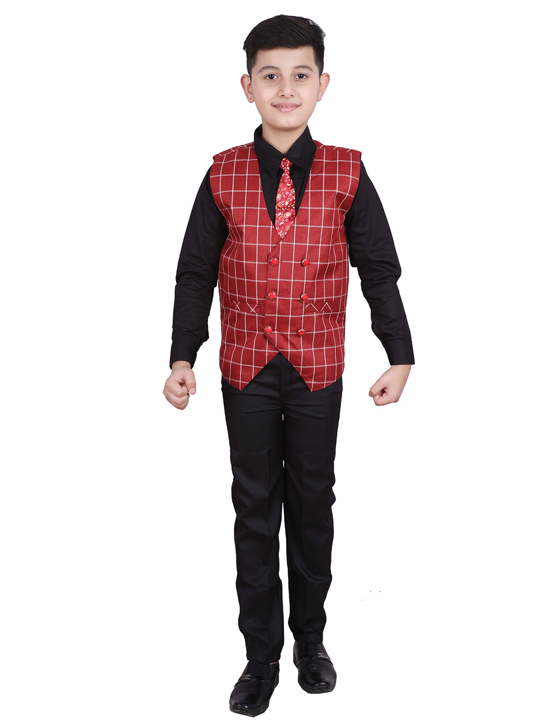 Pro-Ethic STYLE DEVELOPER Boys Black & Red Checked Shirt with Trousers & Waist Coat
