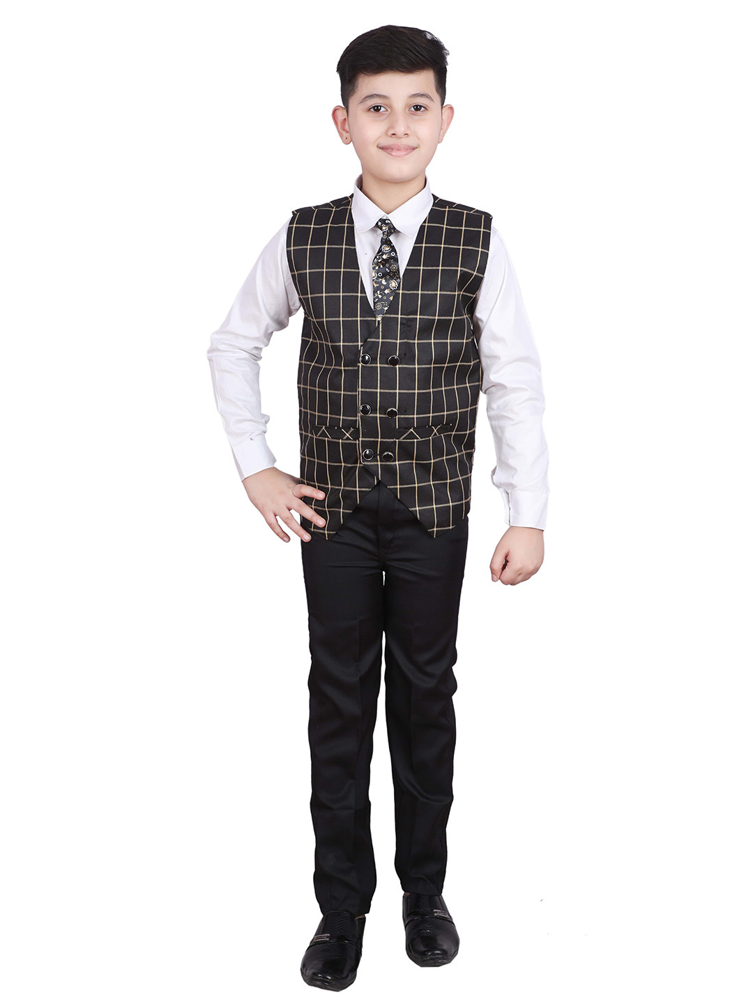 Pro-Ethic STYLE DEVELOPER Boys Black & White Checked Shirt with Trousers & Waist Coat