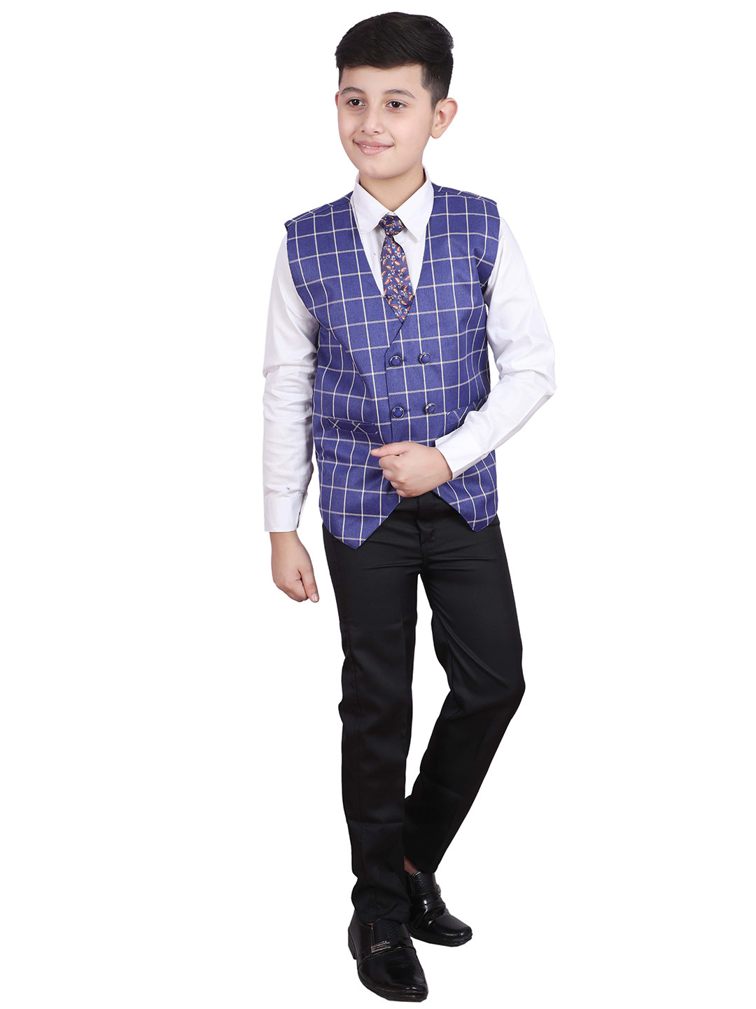 Pro-Ethic STYLE DEVELOPER Blue & White Cotton Shirt with Trouser & With Checked Waistcoat