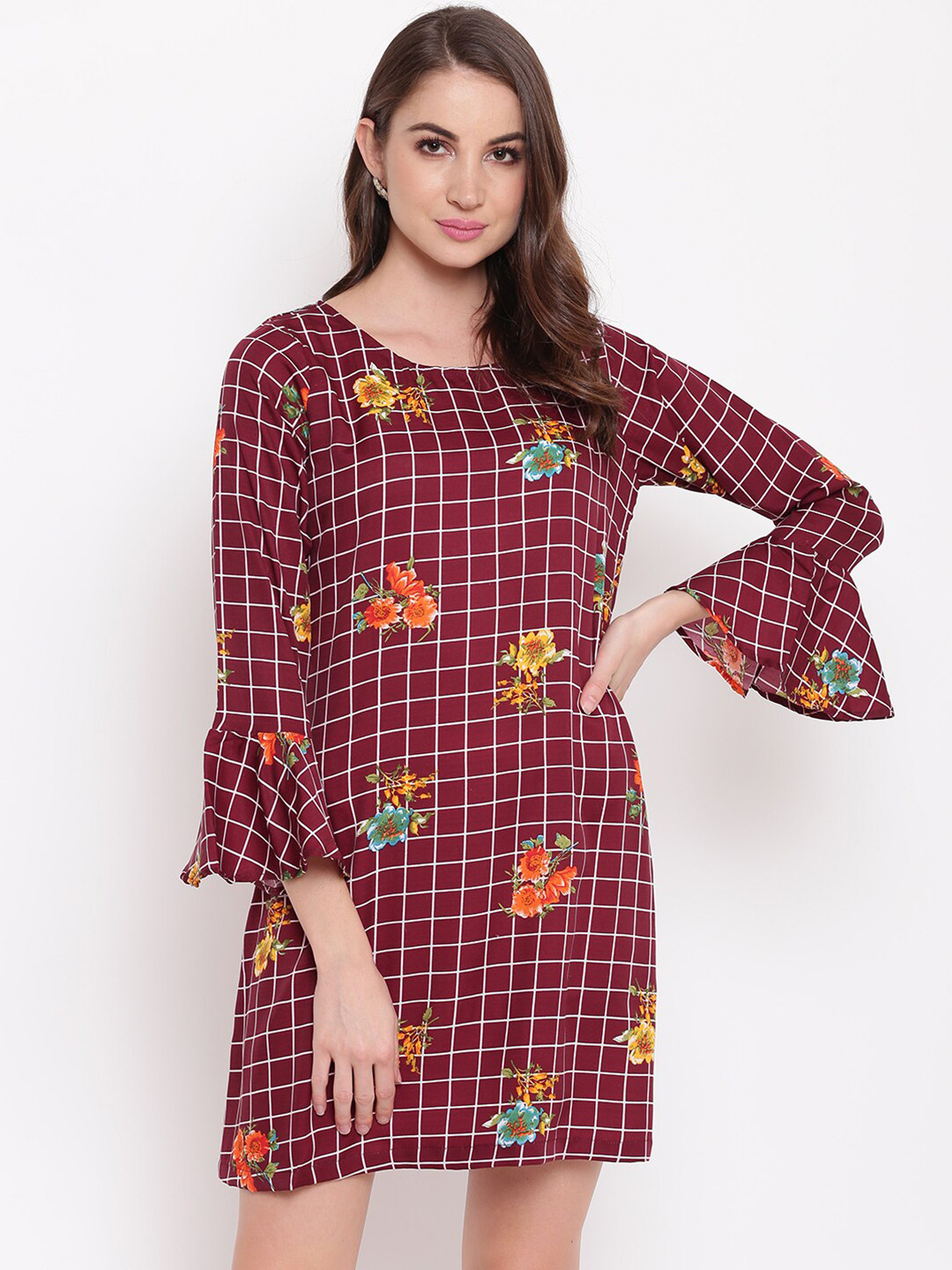 Mayra Maroon Checked A-Line Dress