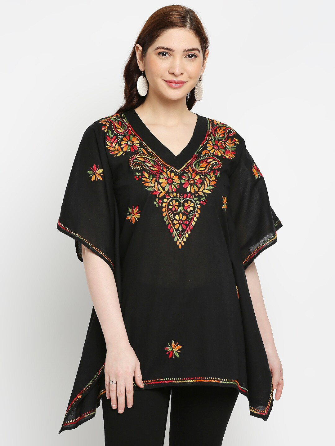 Indiankala4u Women Black Floral Embroidered Pure Cotton Kaftan Top