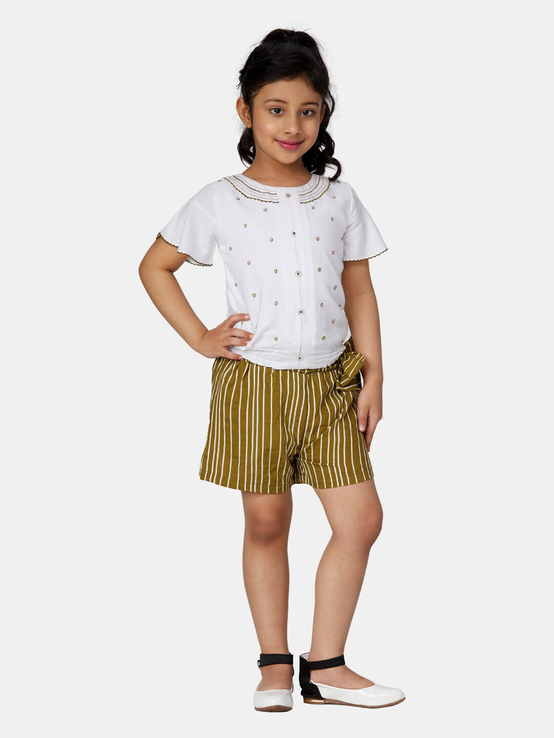 Peppermint Girls Olive Green & White Embellished Top with Shorts