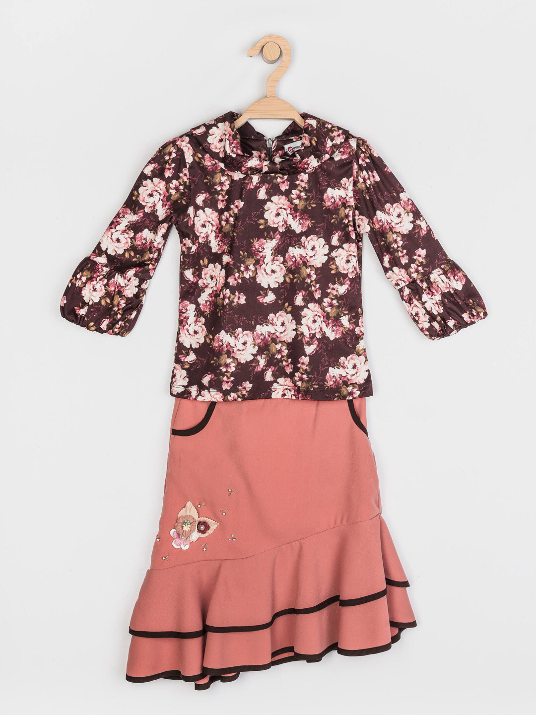 Peppermint Girls Brown & White Printed Top with Skirt
