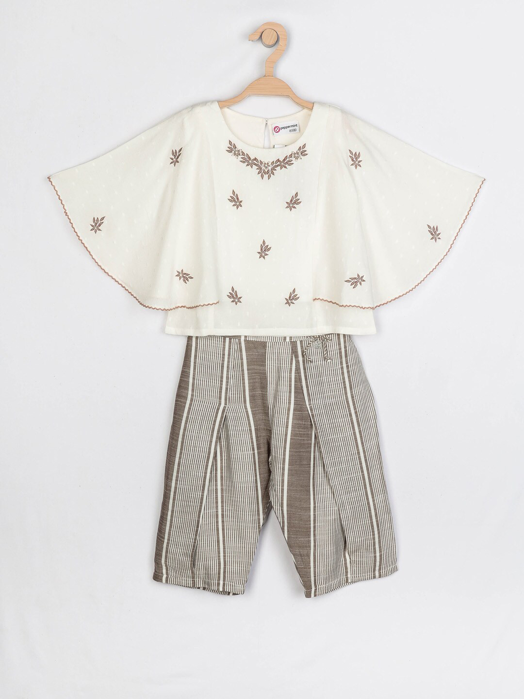 Peppermint Girls Off-White & Brown Embroidered Top with Palazzos
