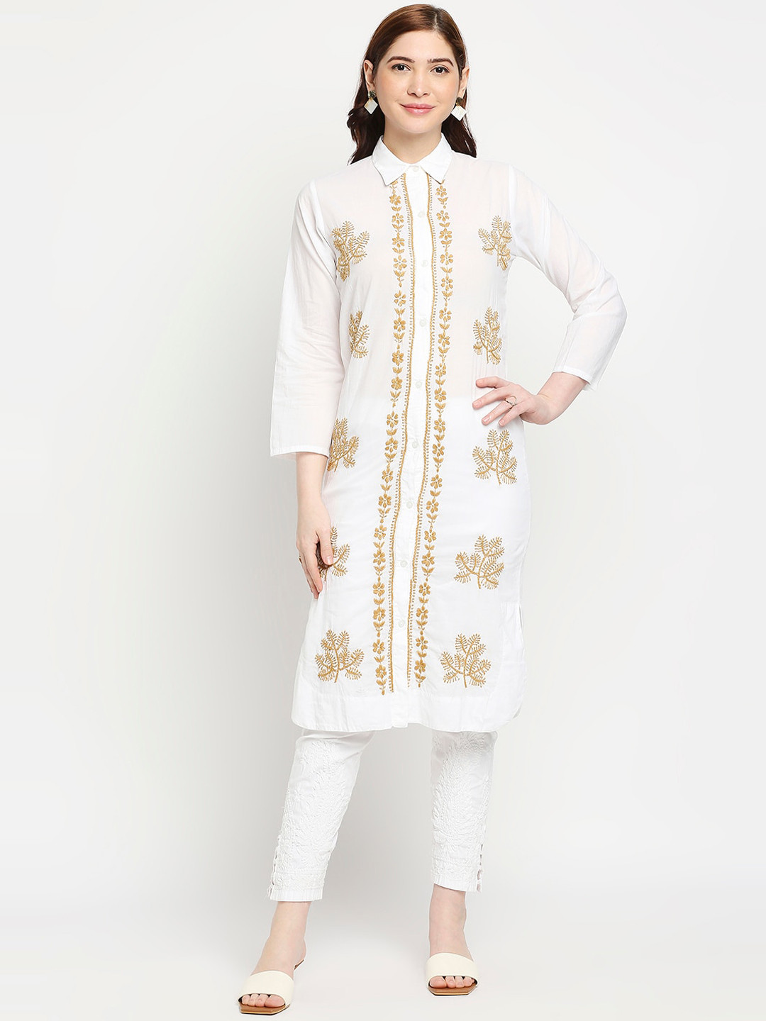 Indiankala4u Women White Floral Striped Thread Work Chikanakri Kurta