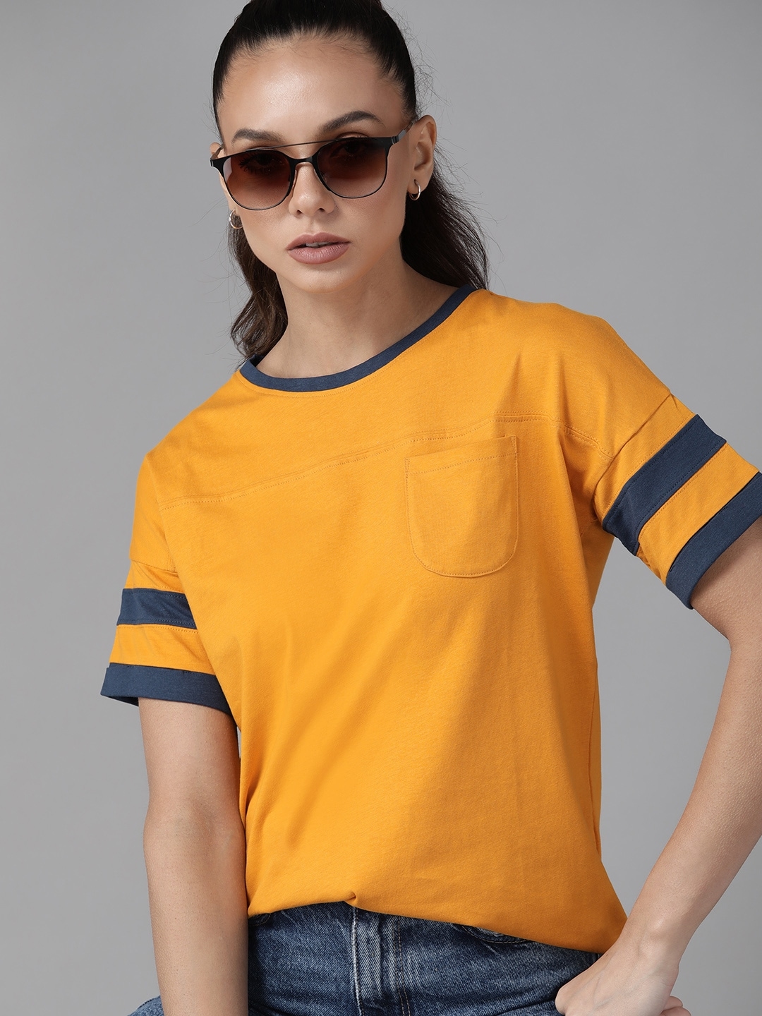 Roadster Women Mustard Yellow Solid Pure Cotton Relaxed Fit T shirt with Pocket Detail