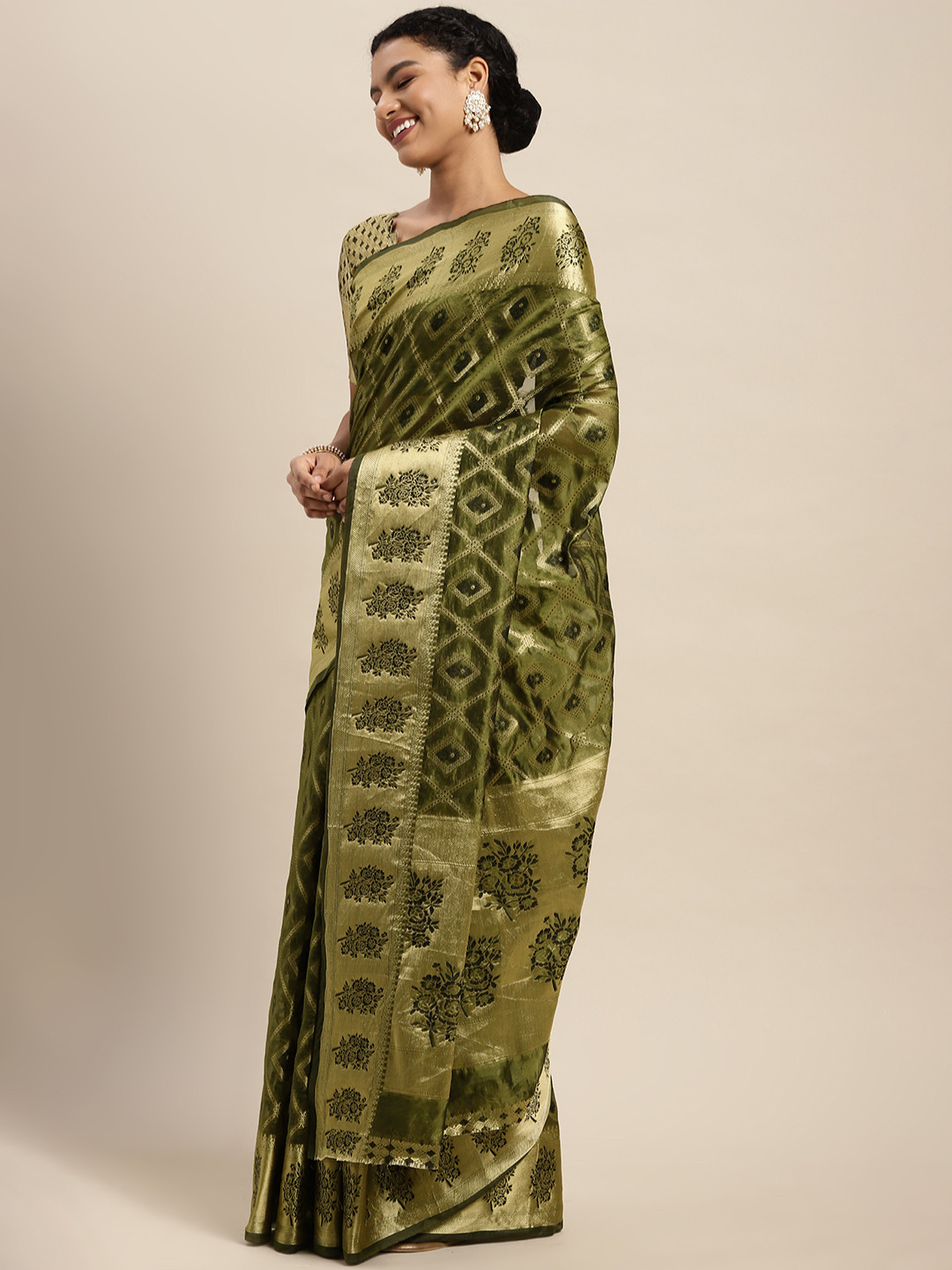 Satrani Women Olive Green Geometric Woven Design Organza Kanjeevaram Saree