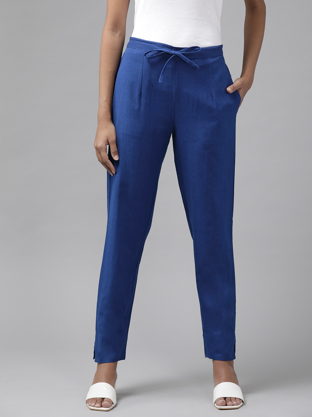 Yufta Women Blue Solid Mid-Rise Cotton Trousers