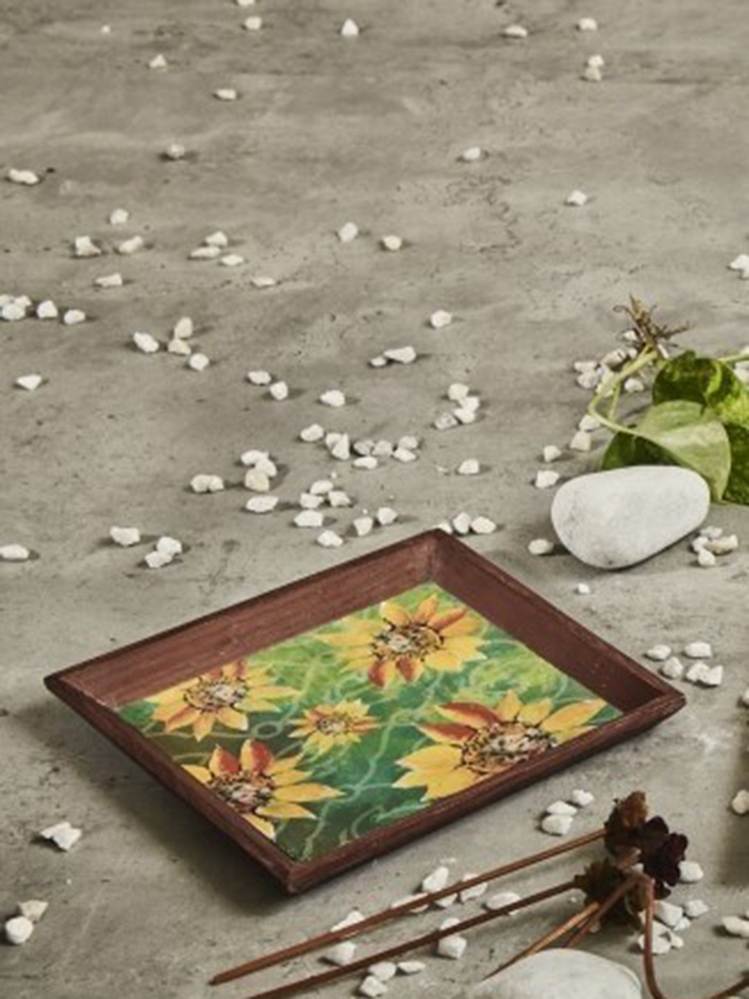 A Tiny Mistake Green & Yellow Sunflowers Printed Wooden Serving Tray