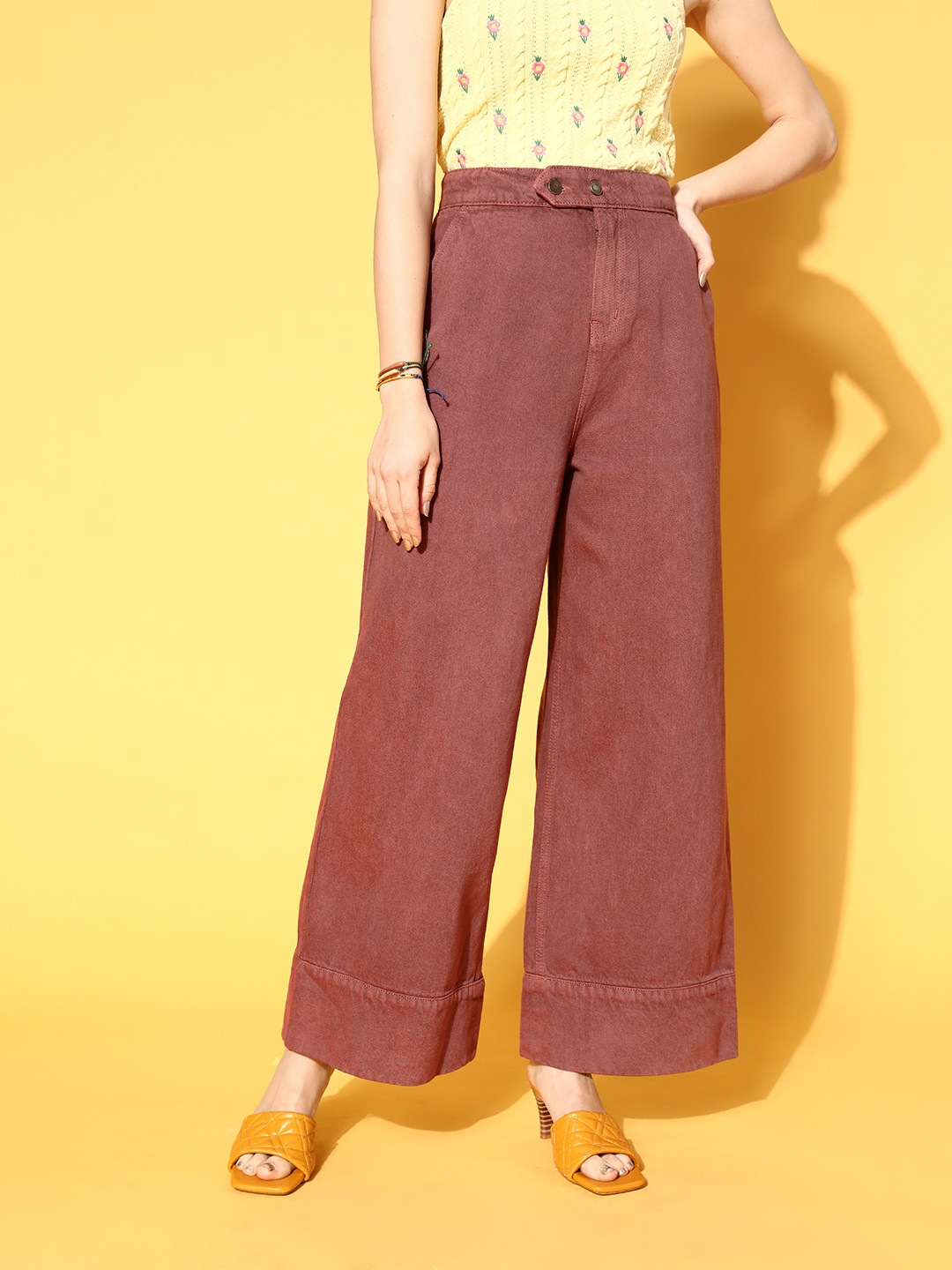 SASSAFRAS Women Chic Rust High-Rise Wide Leg Fit Jeans