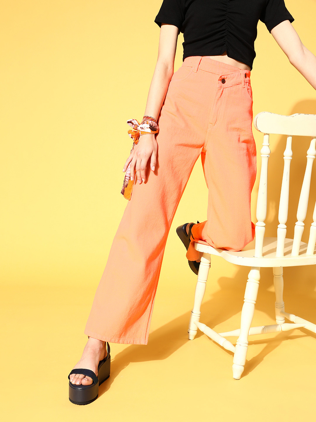 SASSAFRAS Women Bright Orange High-Rise Regular Fit Jeans