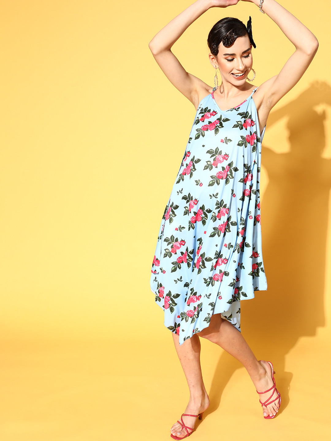 SASSAFRAS Women Stunning Blue Floral Asymmetric Hemline Dress