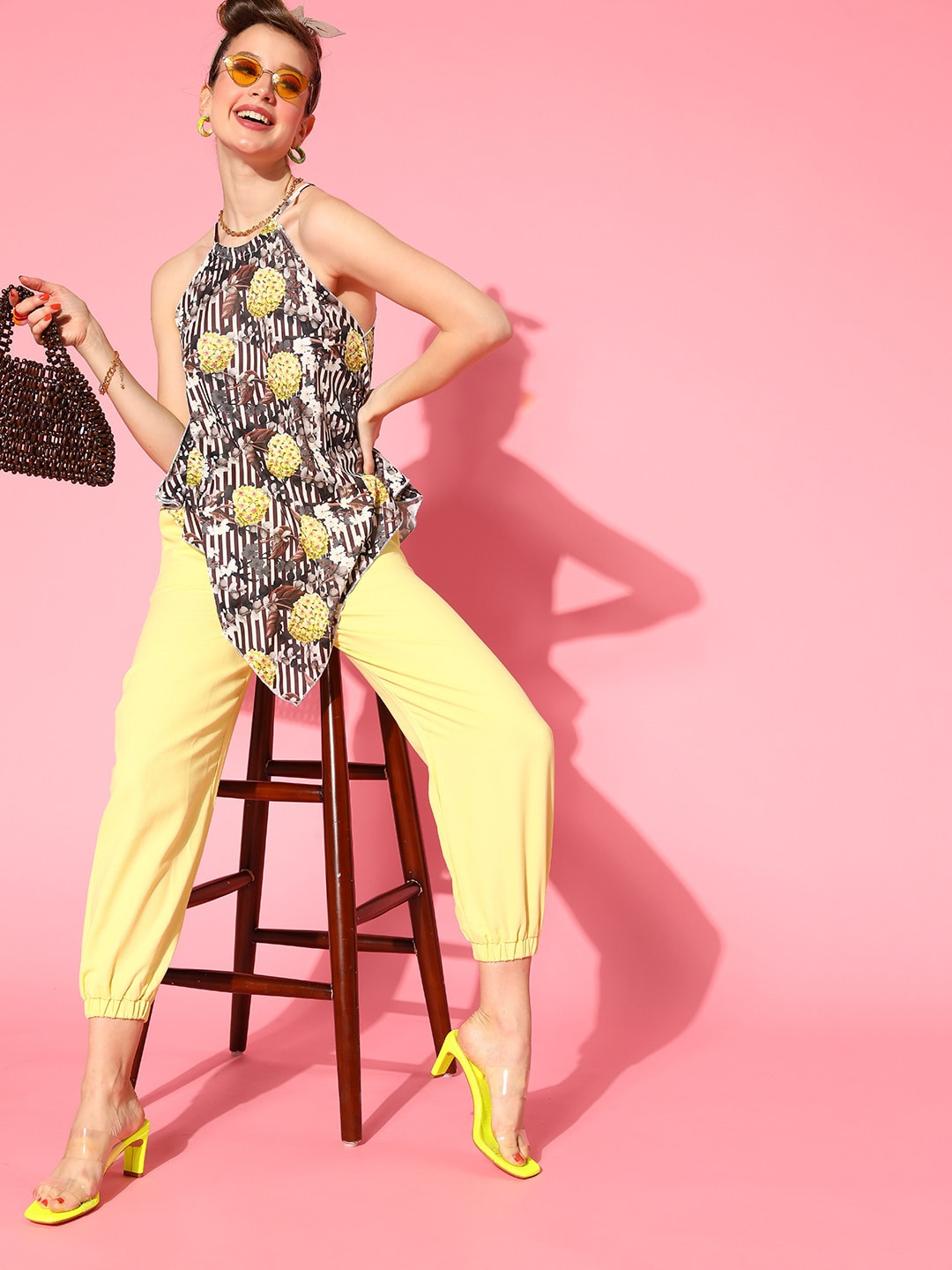 SASSAFRAS Women Chic Brown Horizontal Stripes Scarf Top