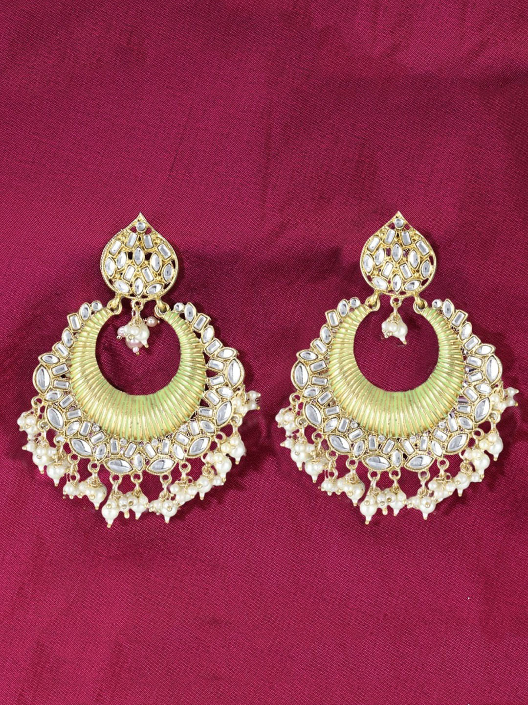 Adwitiya Collection 24CT Gold-Plated & Stone-Studded Enamelled With Pearls Classic Chandbalis Earrings