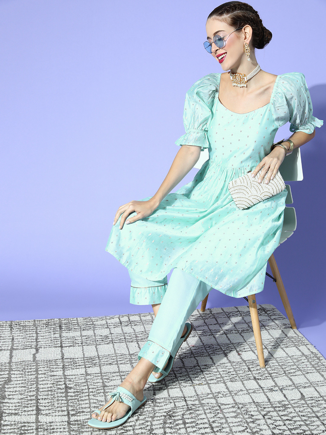 AHIKA Woven Design Poly Chanderi Nuovo Sleeves Kurta Set