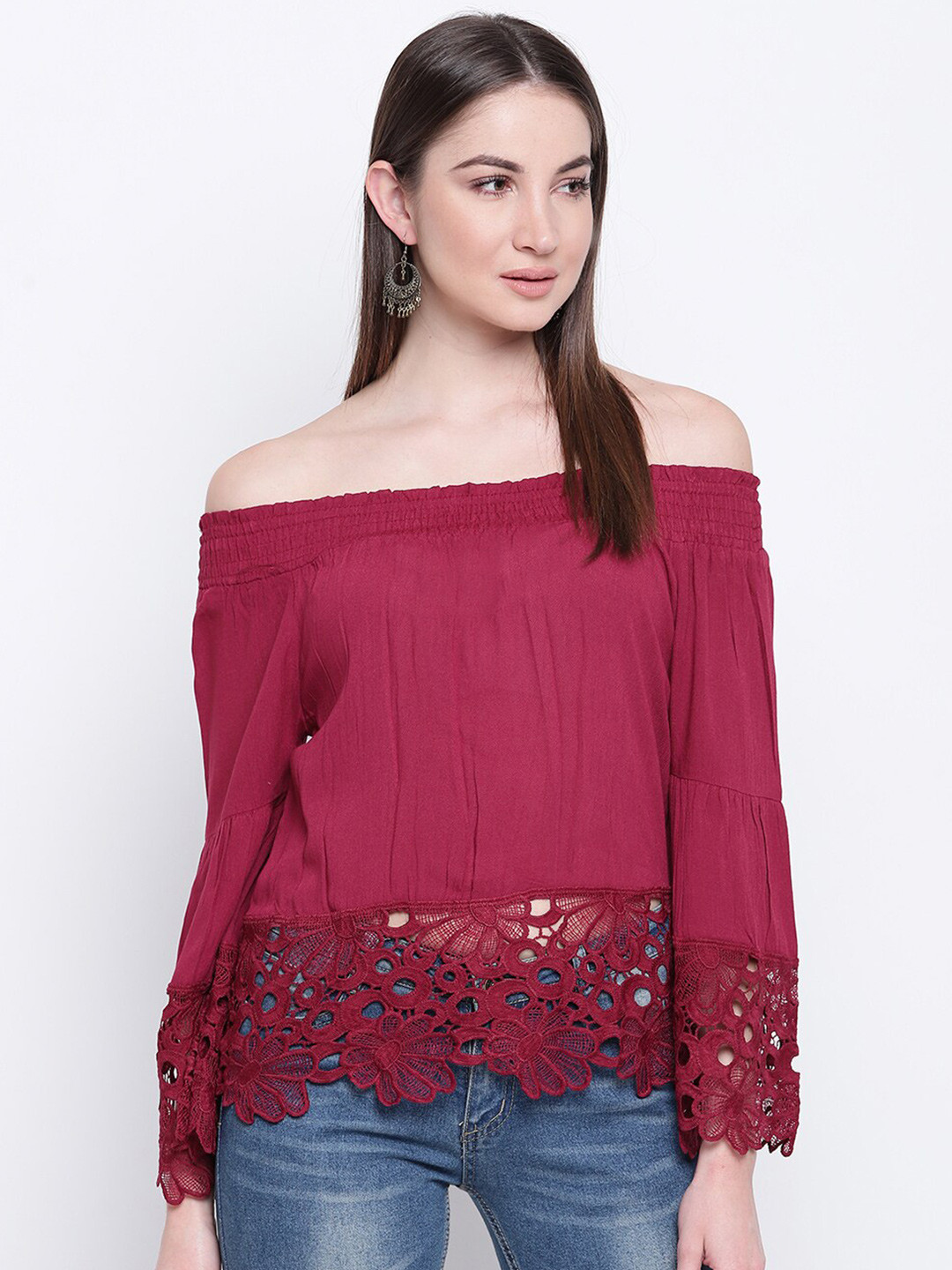 Mayra Maroon Off-Shoulder Bardot Top