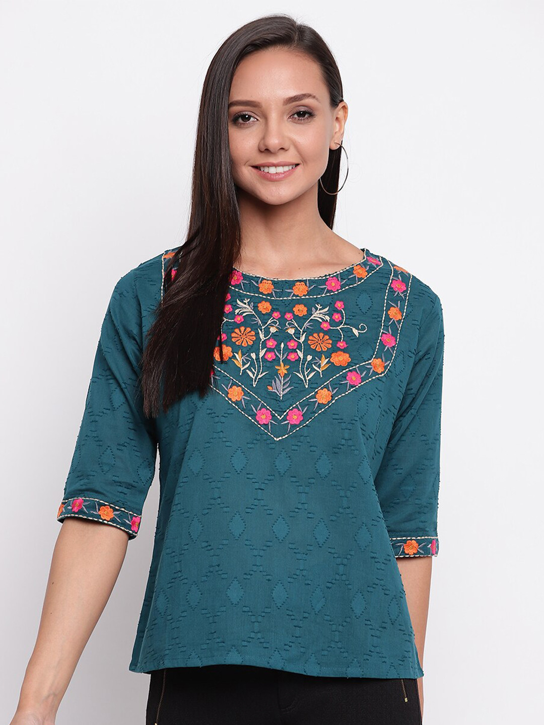 Mayra Teal & Pink Floral Embroidered Pure Cotton Top