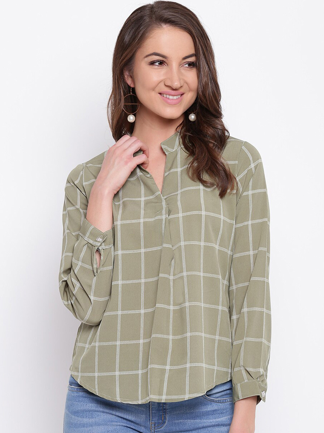 Mayra Green Checked Mandarin Collar Shirt Style Top