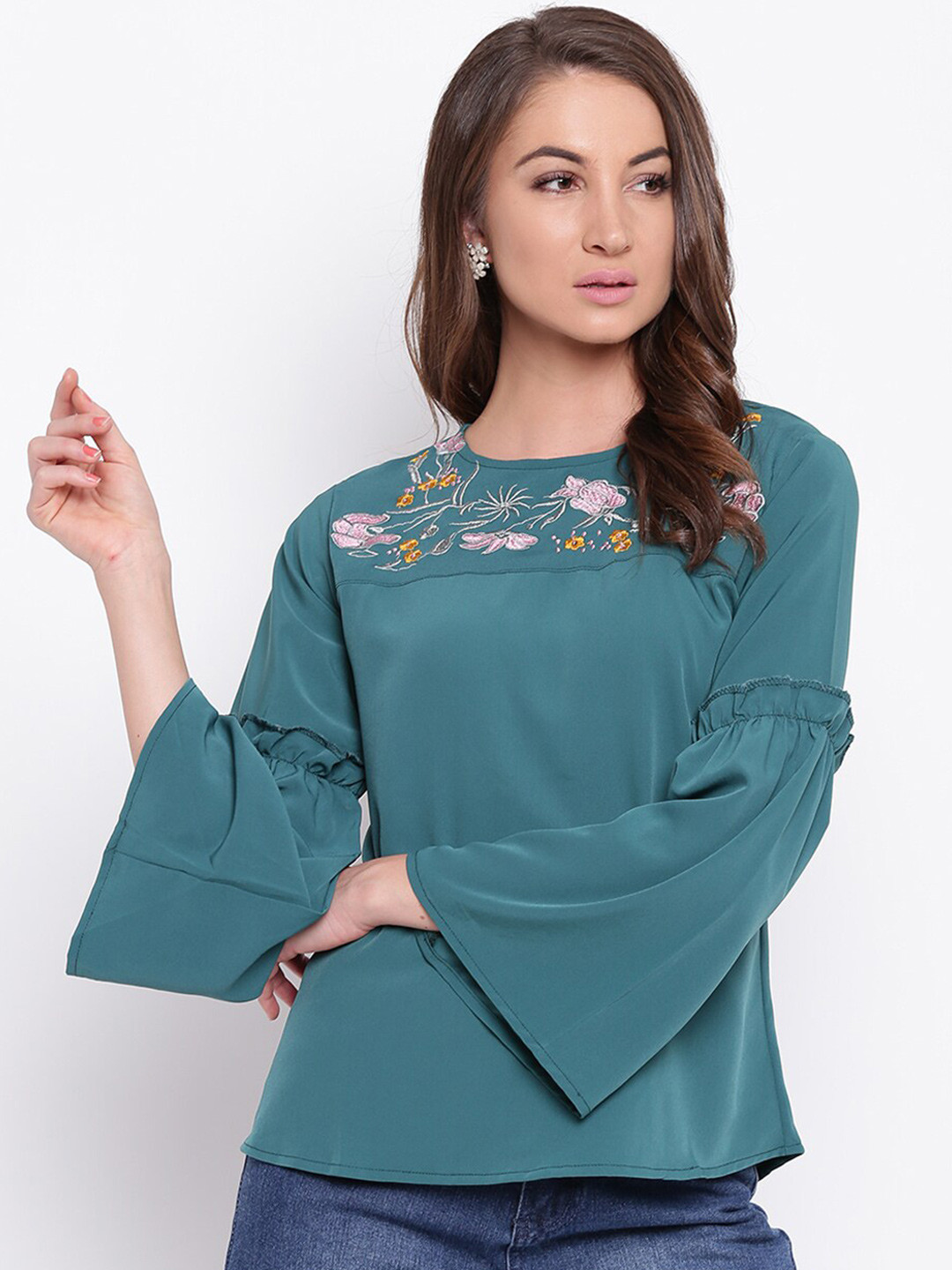 Mayra Turquoise Blue Floral Embroidered Top