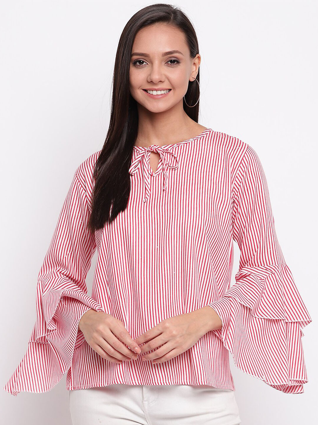 Mayra Red Striped Tie-Up Neck Top