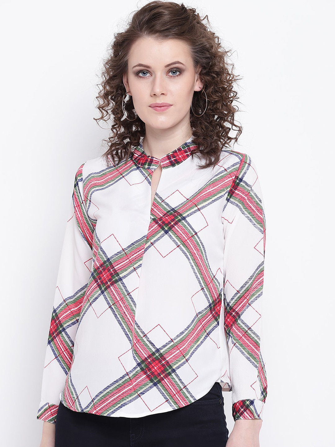 Mayra White & Red Checked Shirt Style Top
