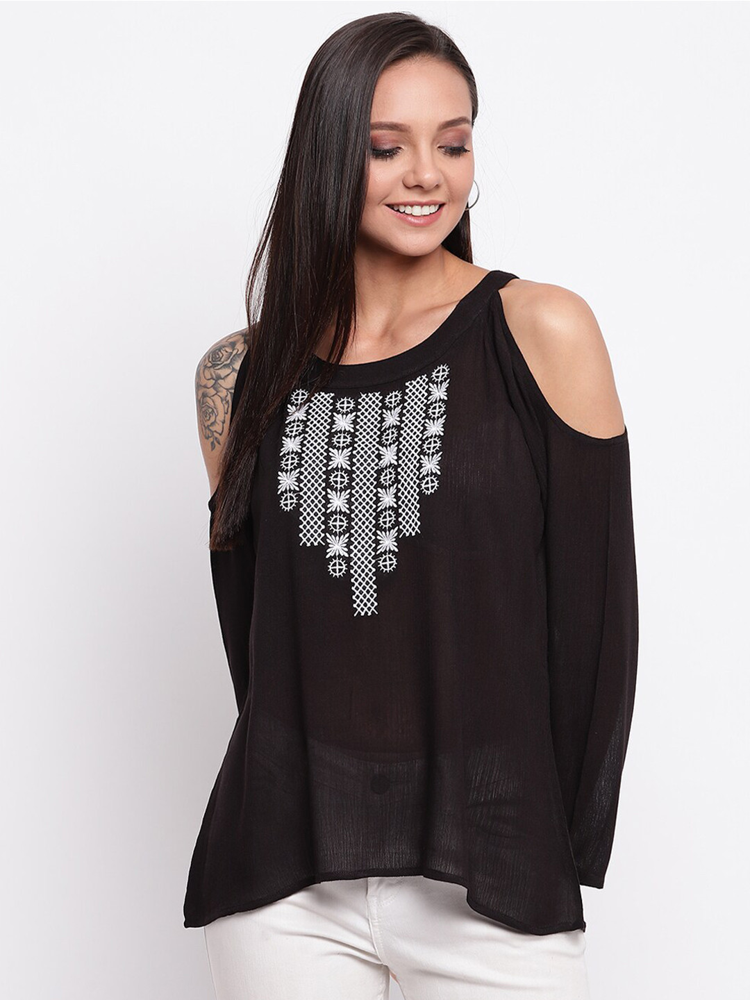 Mayra Black Embroidered Cold Shoulder Top