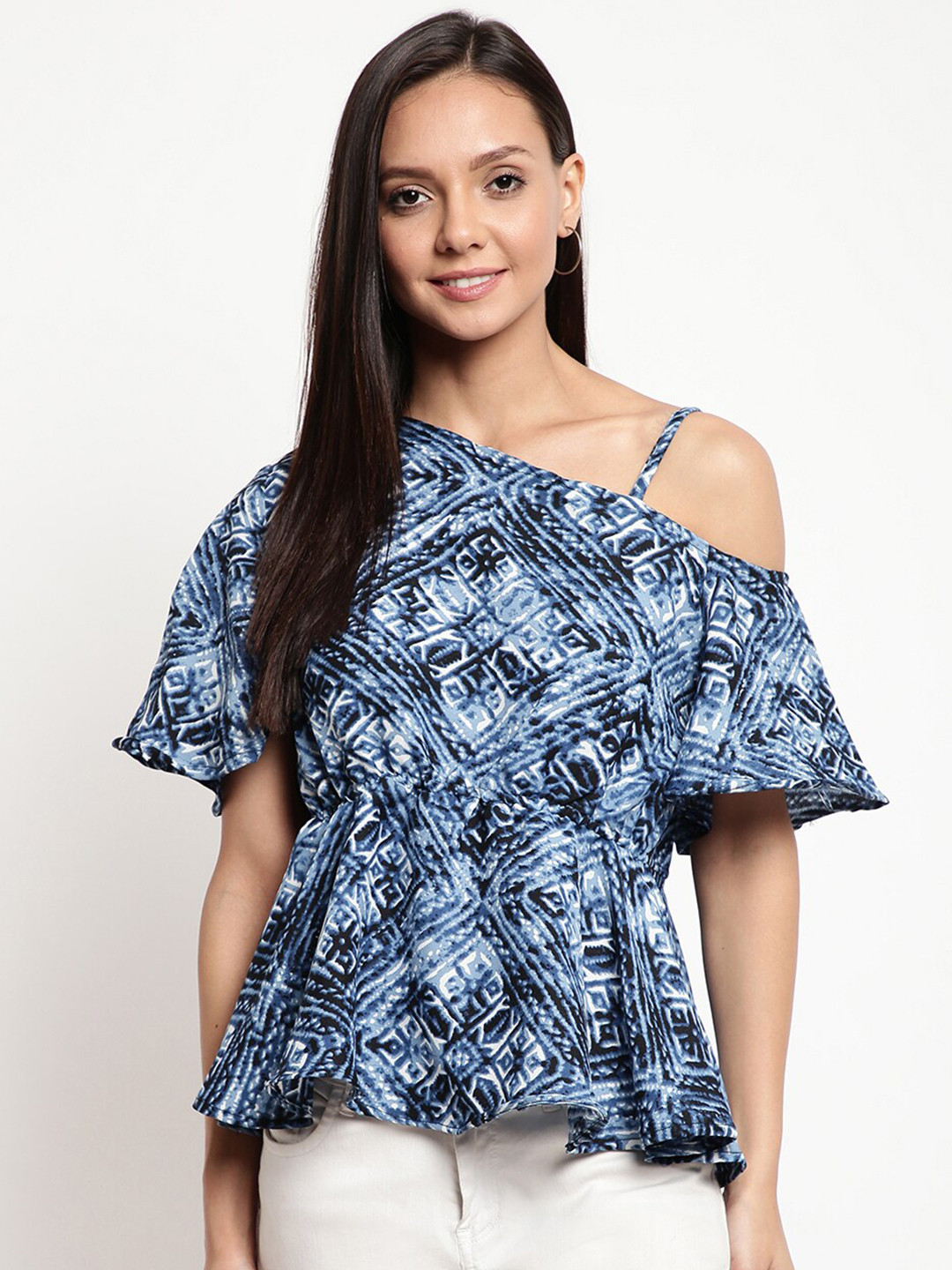 Mayra Women Blue Printed One Shoulder Top