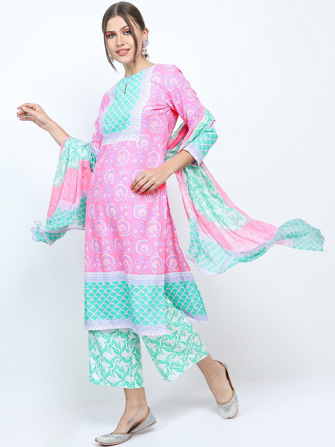 Vishudh Women Pink Ethnic Motifs Printed High Slit Kurta with Palazzos & With Dupatta