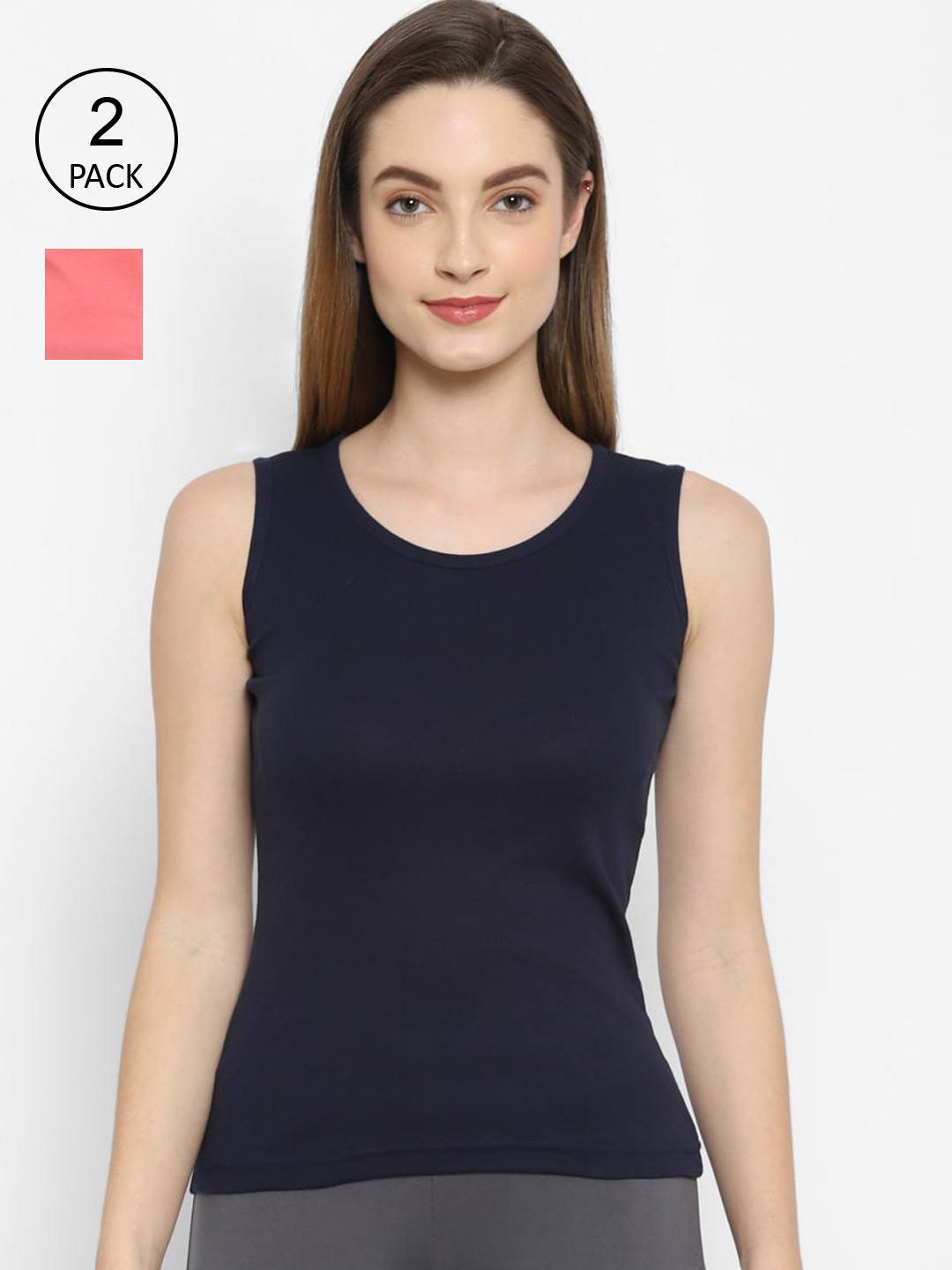 Floret Women Navy Blue & Coral Solid Cotton Non-Padded Camisoles Pack Of 2