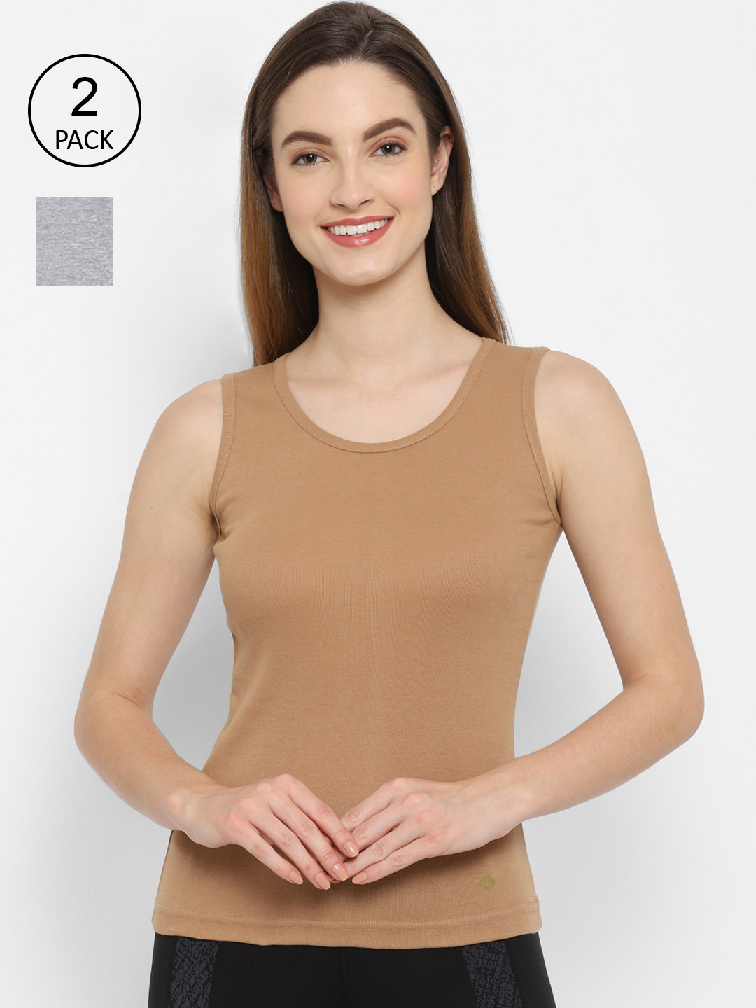Floret Women Pack Of 2 Grey Melange & Nude-Colored Solid Cotton Camisoles
