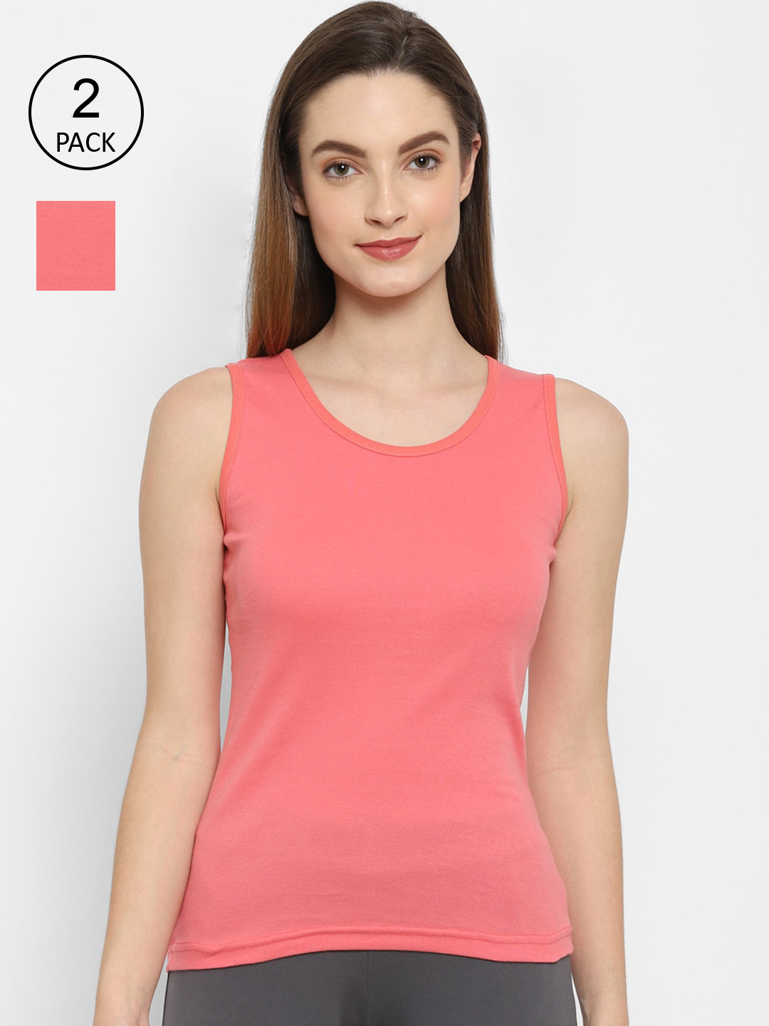 Floret Women Pack Of 2 Orange & Rose Solid Cotton Camisoles