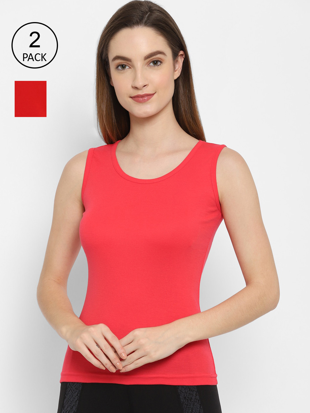Floret Women Red & Coral Solid Cotton Camisoles Pack Of 2