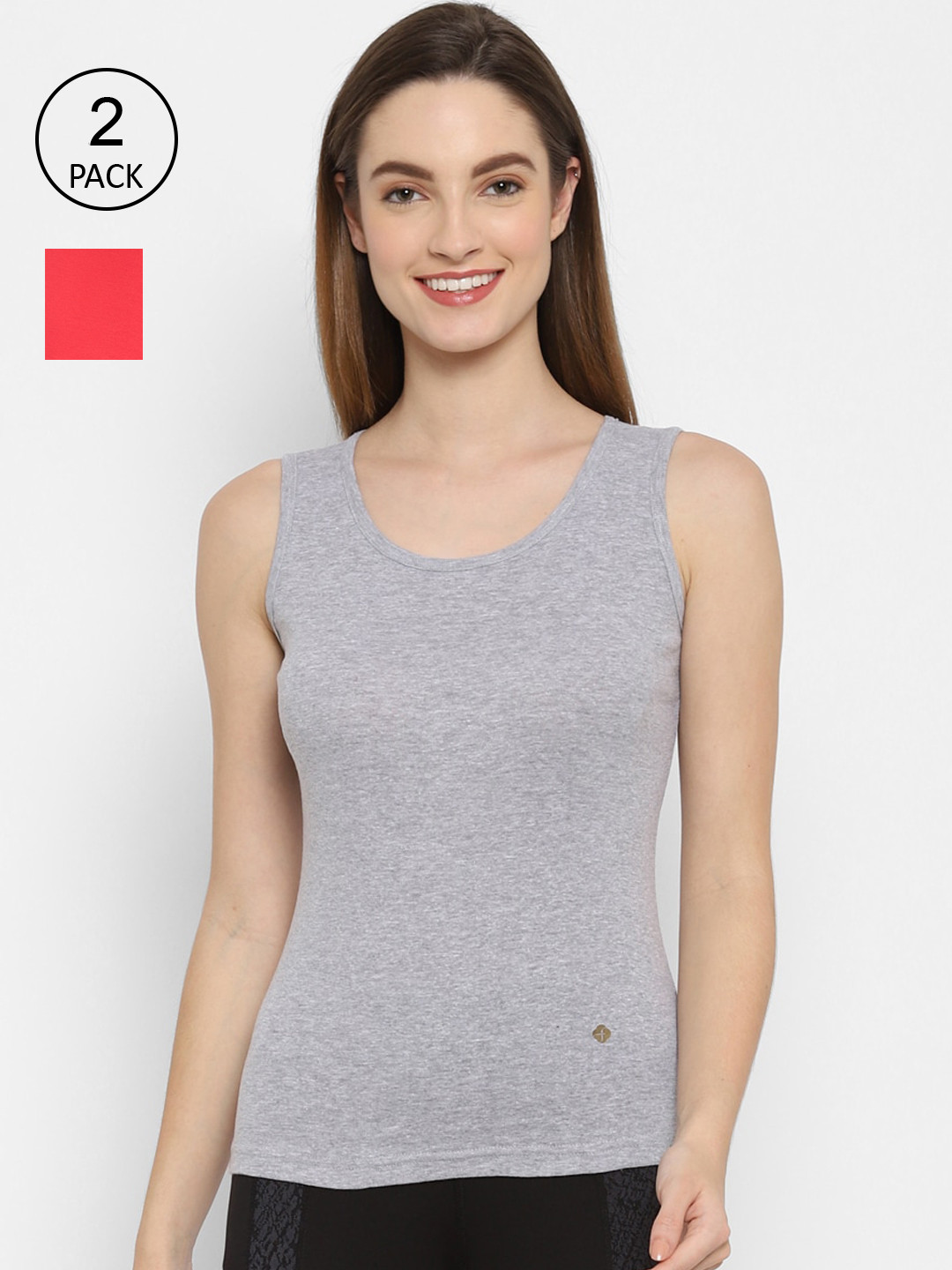 Floret Pack Of 2 Red And Grey Solid Camisoles