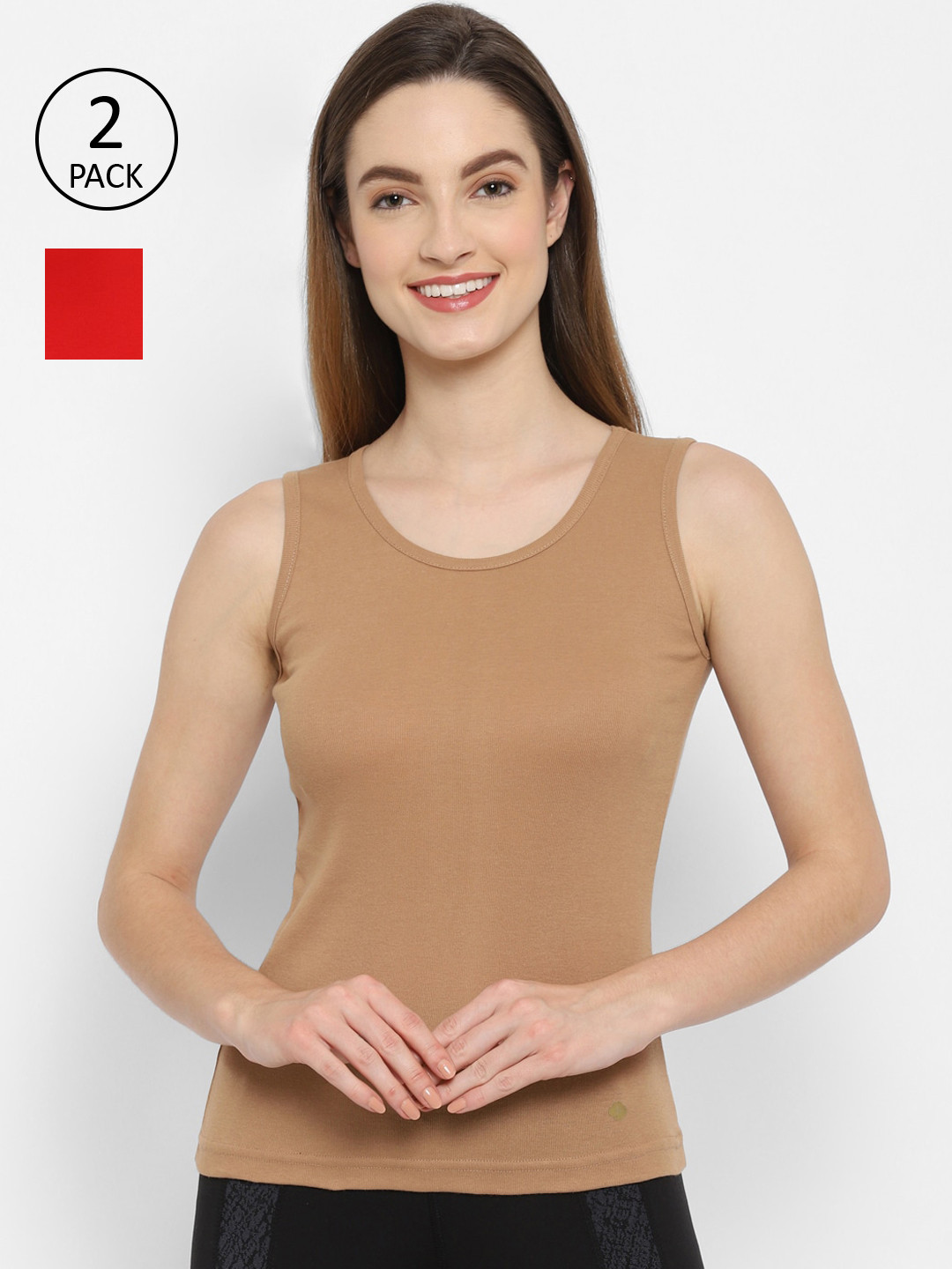 Floret Women Pack Of 2 Solid Red & Nude-Coloured Cotton Camisoles