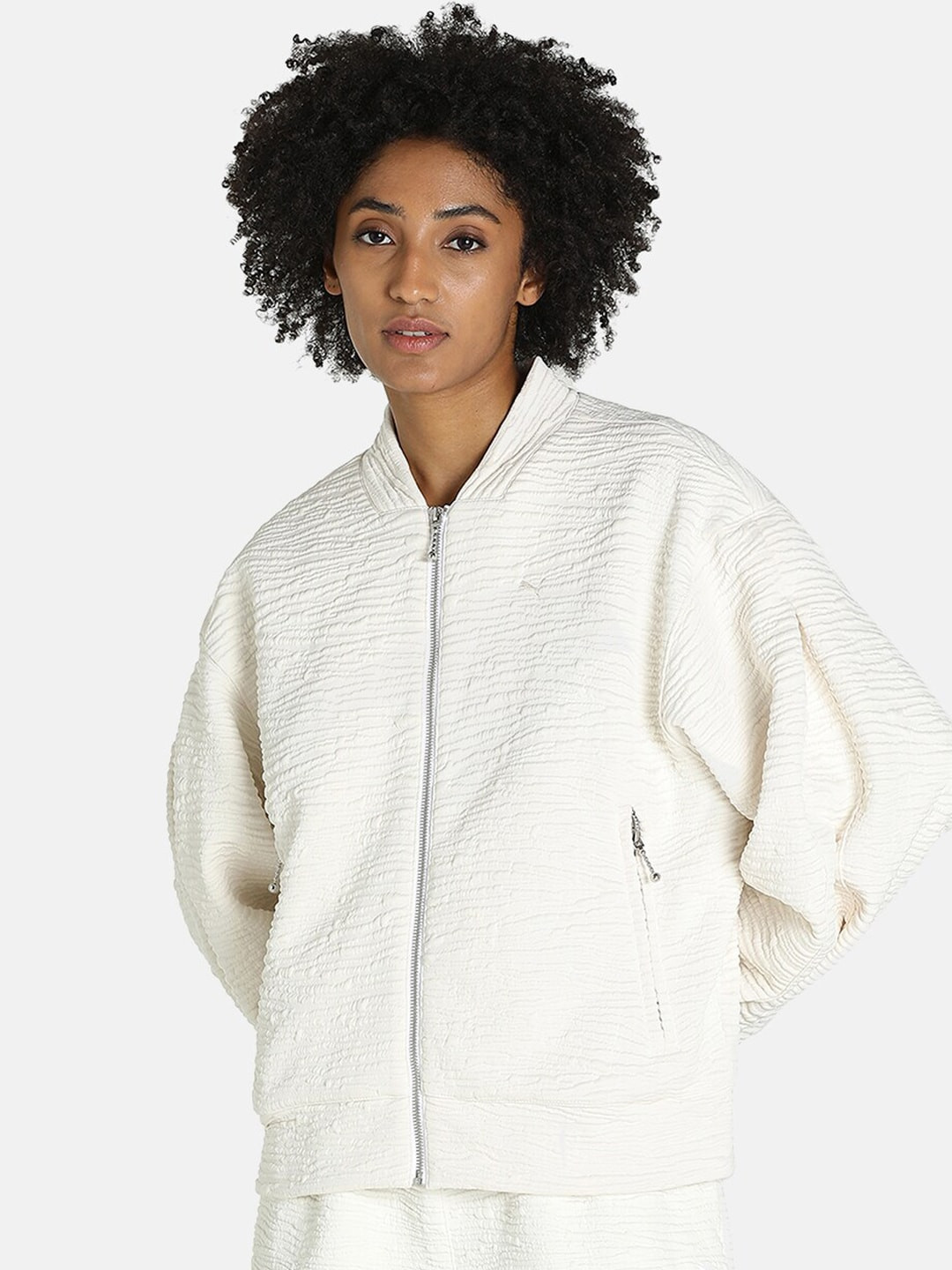 Puma Women White Snow Tiger Jacquard Bomber Jacket