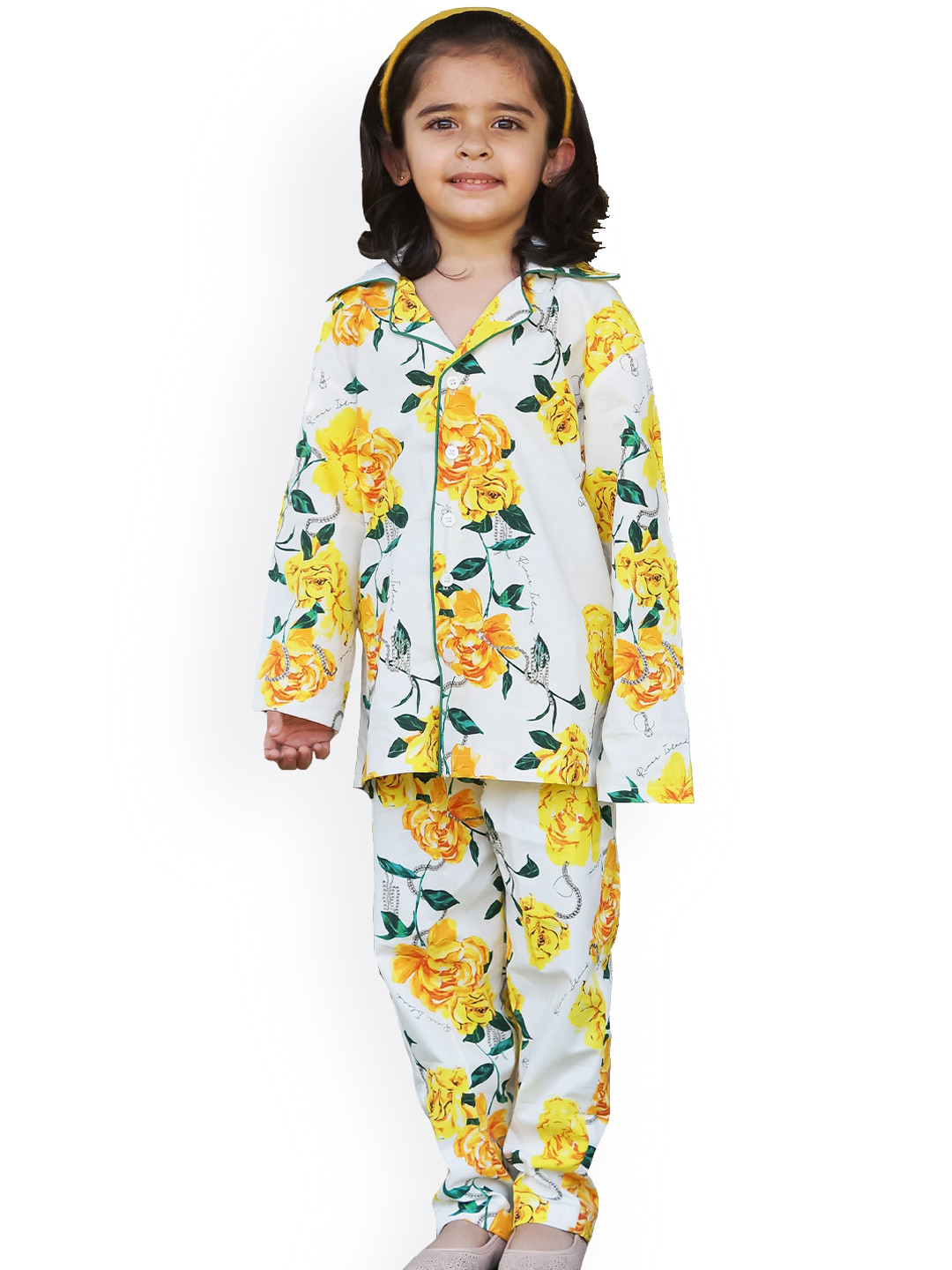 Little Musketeer Girls White & Yellow Printed Night suit