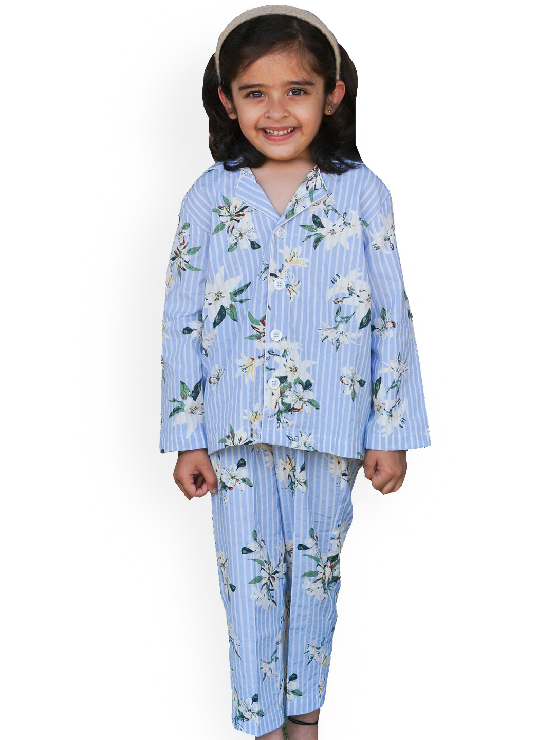 Little Musketeer Girls Blue & White Floral Printed Cotton Night suit