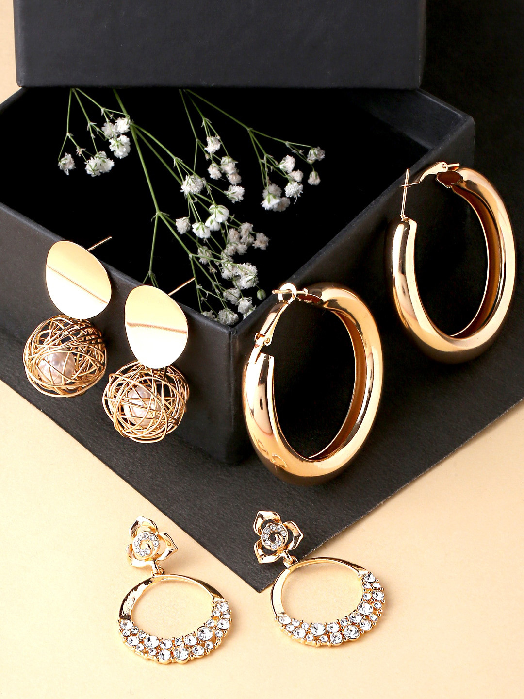Yellow Chimes Set Of 3 Gold Plated Pearl Crystal Stud Drop Earrings