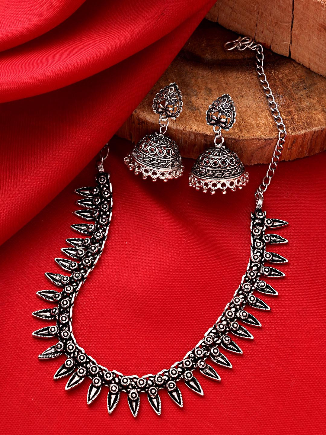 Yellow Chimes Silver-Plated Oxidized Tribal Design Oxidised Jewellery Set